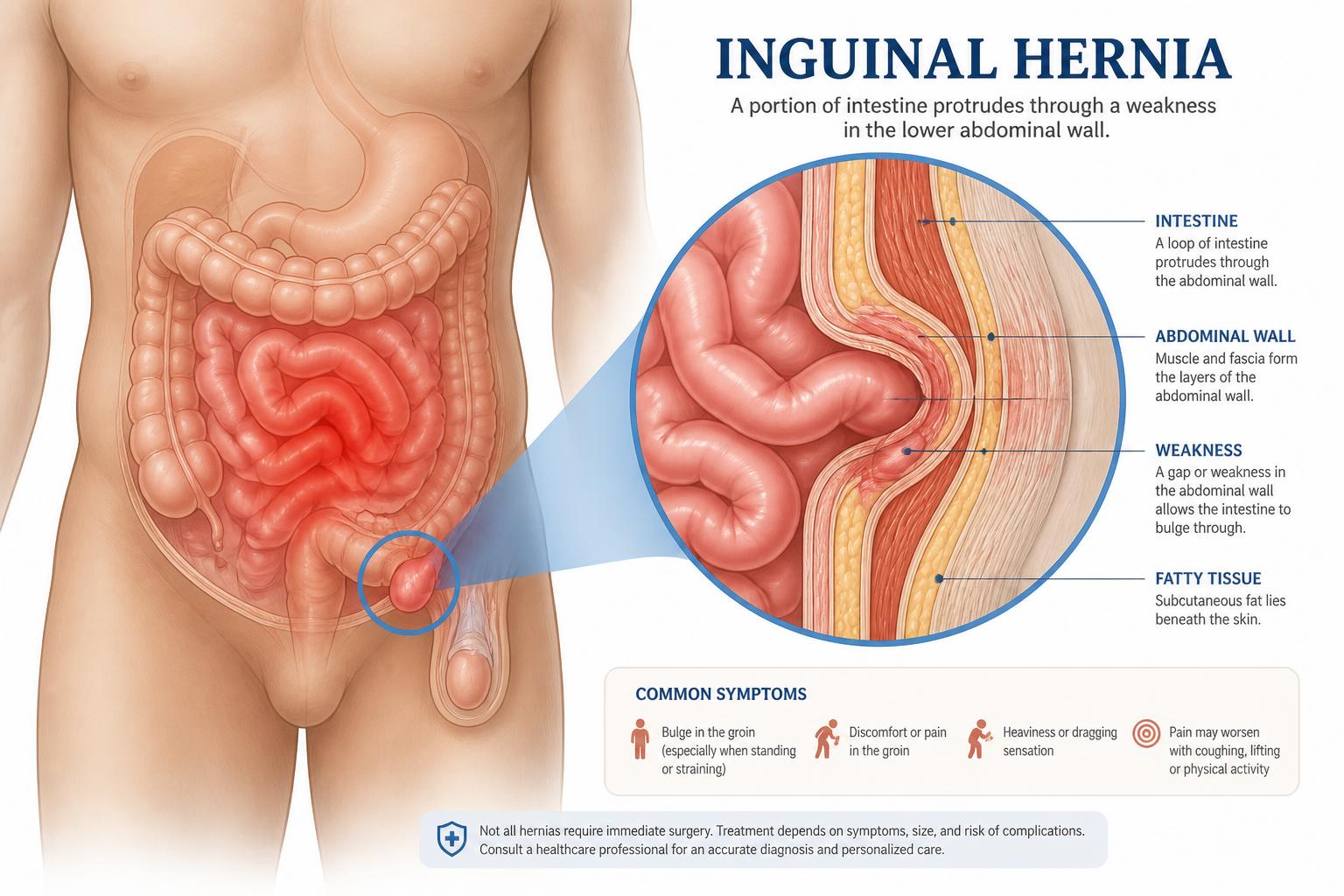 Sintomas da hérnia inguinal — ilustração anatômica